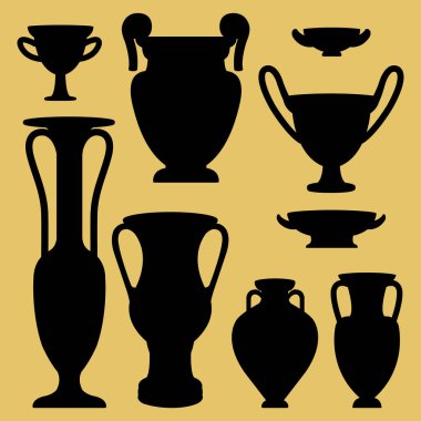 Antik Yunan amforo siluet sembolü. Tarihi Yunan çömlekleri, dekoratif saplı kil sürahi. Klasik seramik, eski kil vazo heykelleri. Antik Roma arkeolojik sürahisi, çeşitli şekiller ve tasarım sürahisi. Vektör illüstrasyonu