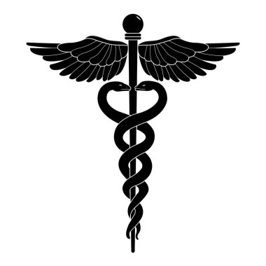 Hermes siluetinin Caduceus personeli ticaretin, pazarlığın ve barışın sembolü. İki yılanlı Antik Yunan çubuğu. Kaliteli kısa sopa, etrafını saran iki yılan ve en tepede bir çift kanat. Vektör illüstrasyonu