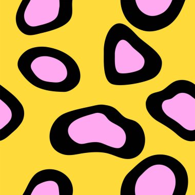 Memphis tarzı kusursuz bir model. Ambalaj kağıdı ve kumaş için garip renkli bir arka plan. Temel hayvan derisi kabarcık şekilli yaratıcı soyut moda tasarımı. Tekrarlanan grafik elementler. Vektör illüstrasyonu