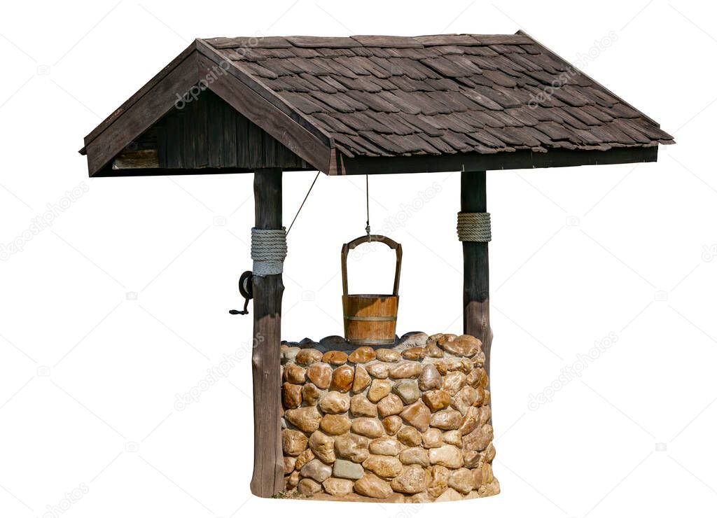 Outdoor Stone and Wood Water-Well on white background, isolated Water-well with roof and wooden bucket with rope.