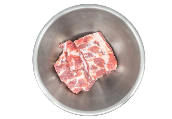 Côtes Rechange Douces Porc Dans Bol Acier Inoxydable Image Isolée — Photo