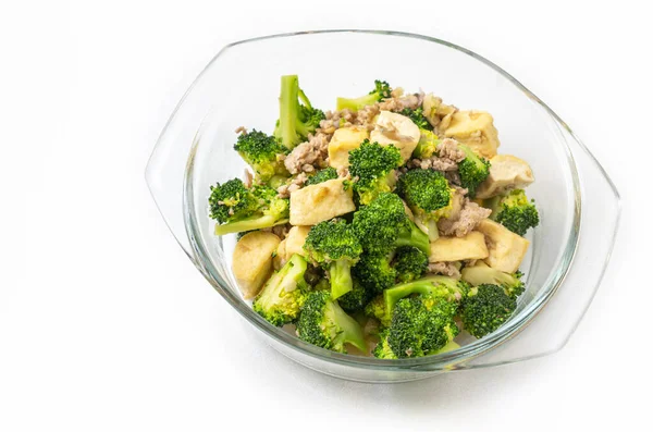 Thai Homemade Food Stir Fried Broccoli Tofu Ground Pork Food — Stock Photo, Image