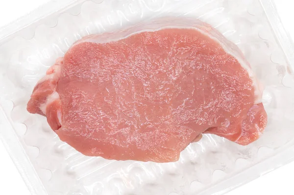 Fermer Filet Porc Frais Dans Bac Plastique Dégagé Sur Fond — Photo