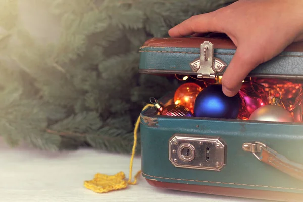 Hand Opens Suitcase Holiday Treasure Toys Christmas — Stock Photo, Image