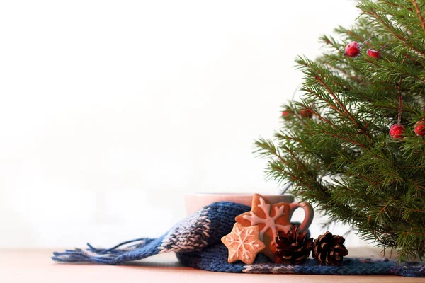 Mug Scarf Table Cookies Cones Evergreen Tree Warming Drink Winter — Stock Photo, Image