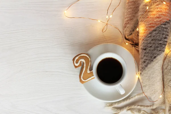 Cup Black Coffee Cookies Shape Numbers Festive Garland Table Top — Stock Photo, Image
