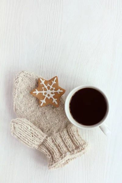 Coffee Mug Knitted Mitten Snowflake Cookies Table Top View What — Stock Photo, Image