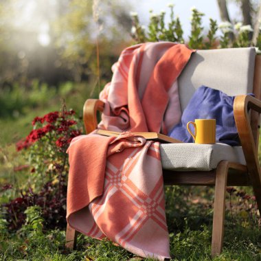 Koltukta kitap ve bir fincan sıcak içecekle eski bir battaniye. Bahçede sonbahar gevşemesi