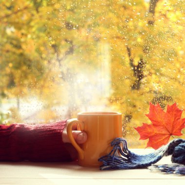 Sonbahar yağmurundan sonra pencerenin arka planında sarı bardak var. sıcak ev konforu atmosferi