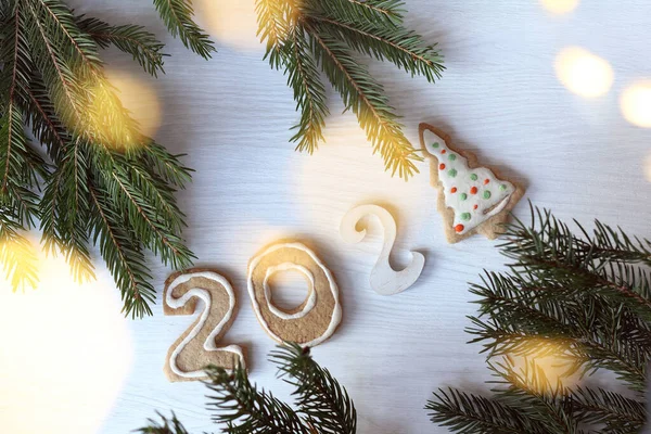 Gingerbread Cookies Form Numbers Christmas Tree Table Blurry Lights Sweet — Stock Photo, Image