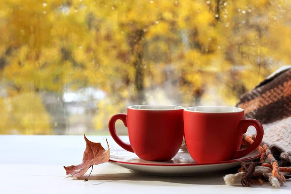 red circles and plaid with autumn leaf on the background of a window with drops after the rain. warming coffee for couple