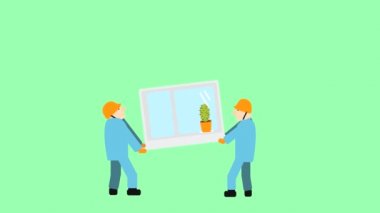 Pencerenin pervazında kaktüs ve yeşil arka planda iki işçinin çerçevesi olan grafik animasyonu. eğlenceli pencere kurucuları