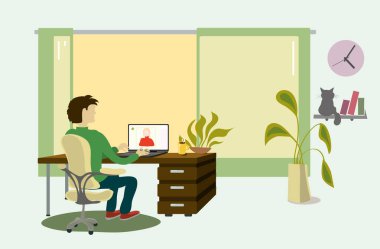 Masada oturan bir adam tıbbi maskeli bir kadınla video görüşmesi yapıyor. Uzaktan ev işi zamanı