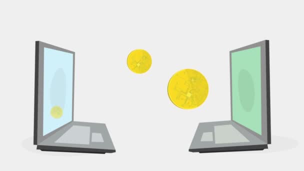 Animacja Ruchu Monet Jednego Komputera Drugiego Transakcje Pieniądza Elektronicznego — Wideo stockowe