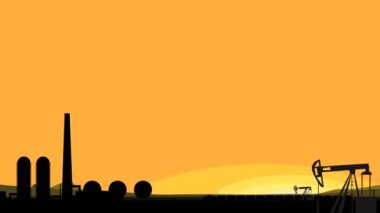 Bir petrol rafinerisinin silüetiyle video animasyonu, gün batımına karşı tanklarla ve rockçılarla geçen bir lokomotif. Petrol ve gaz madenciliği ve taşımacılığı