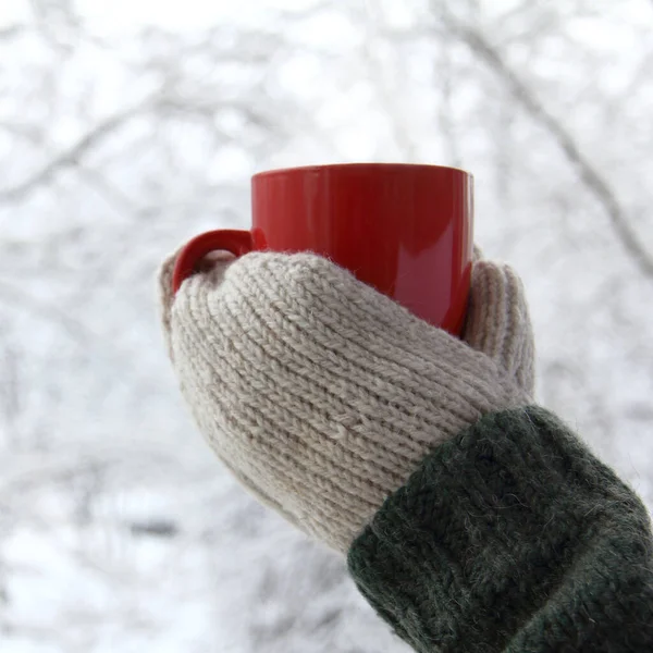 Bulanık manzaranın arka planına karşı örgü eldivenler giyenlerin ellerinde kırmızı kupa. Kış sabahı için sıcak bir içecek.