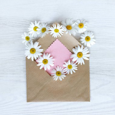 İçinde kalp şeklinde papatyalar olan açık bir zarf. Sevgililer gününde hoş kokulu bir selamlama.