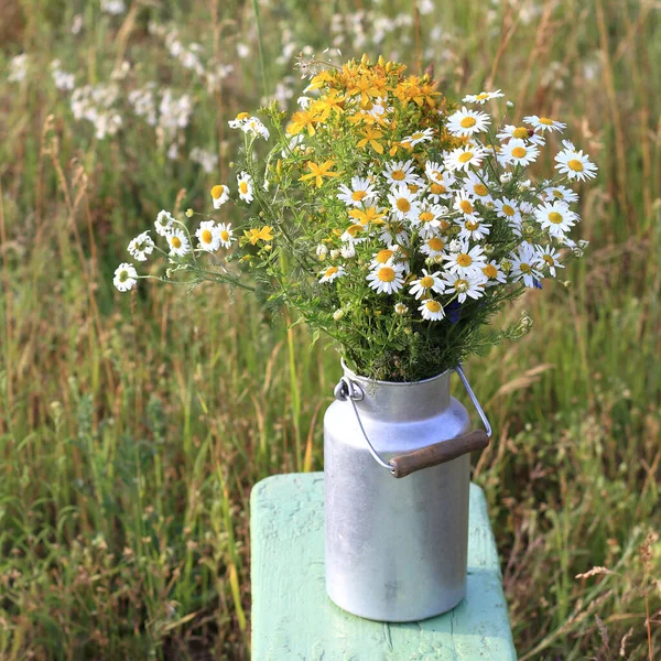 freshly picked wildflowers in a can on the background of the lawn. a bouquet of health