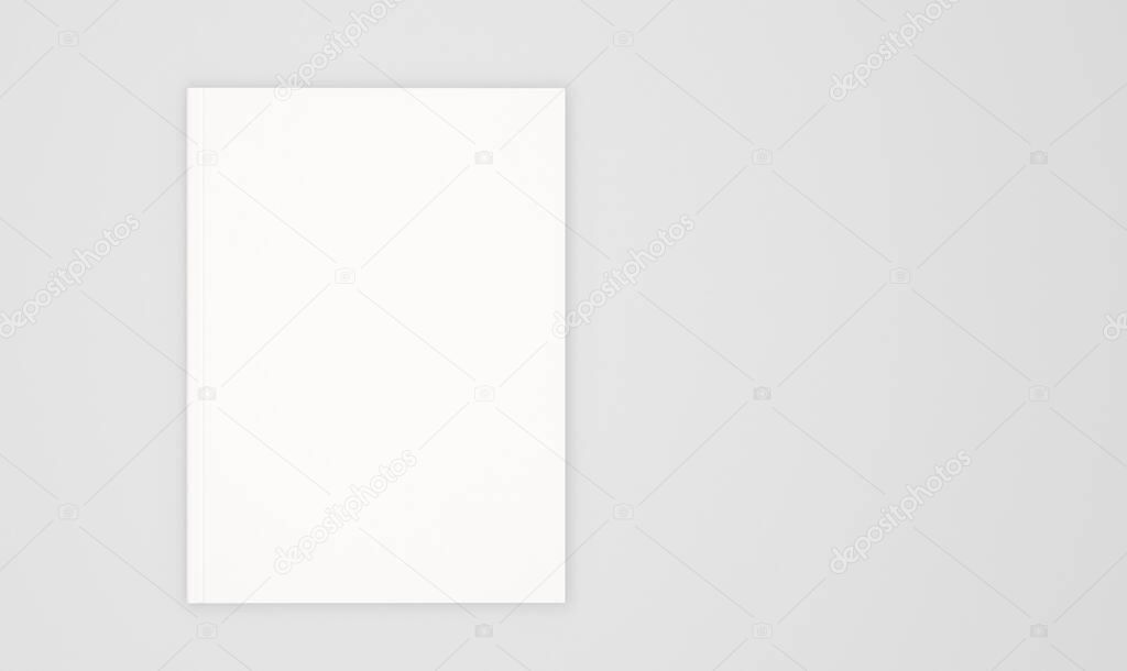 Blank book cover template isolated on white background with shadow. 3D rendering.