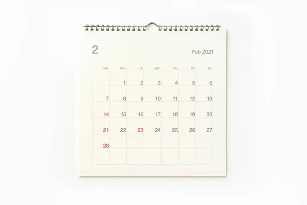Beyaz arka planda Şubat 2021 takvim sayfası. Anımsatma, iş planlaması, randevu toplantısı ve etkinlik için takvim.
