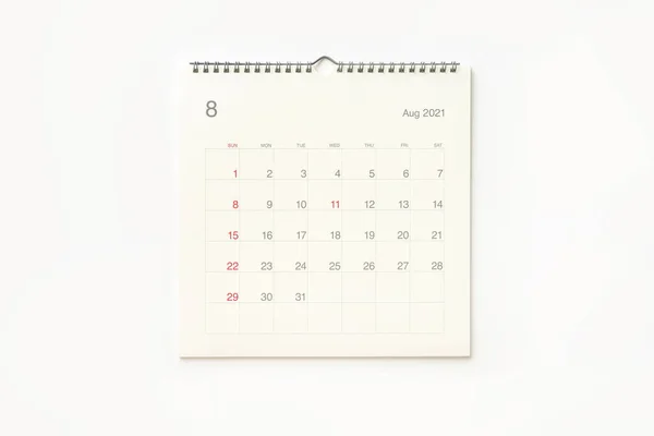 August 2021 calendar page on white background. Calendar background for reminder, business planning, appointment meeting and event.
