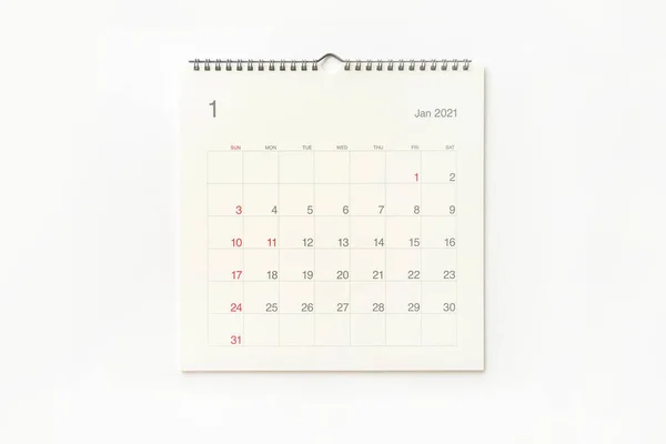 Ιανουάριος 2021 Ημερολογιακή Σελίδα Λευκό Φόντο Ιστορικό Ημερολογίου Για Υπενθύμιση — Φωτογραφία Αρχείου