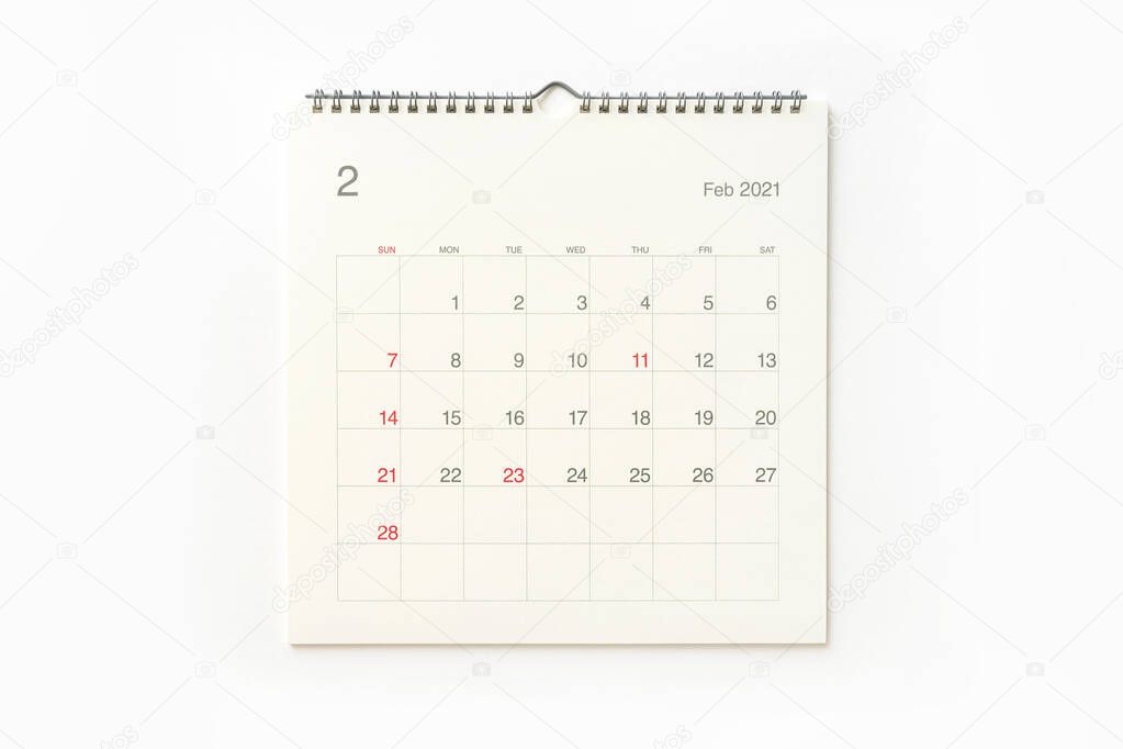 February 2021 calendar page on white background. Calendar background for reminder, business planning, appointment meeting and event.