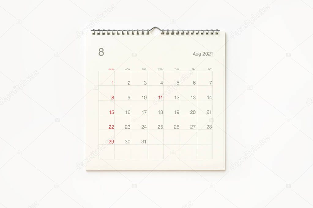 August 2021 calendar page on white background. Calendar background for reminder, business planning, appointment meeting and event.