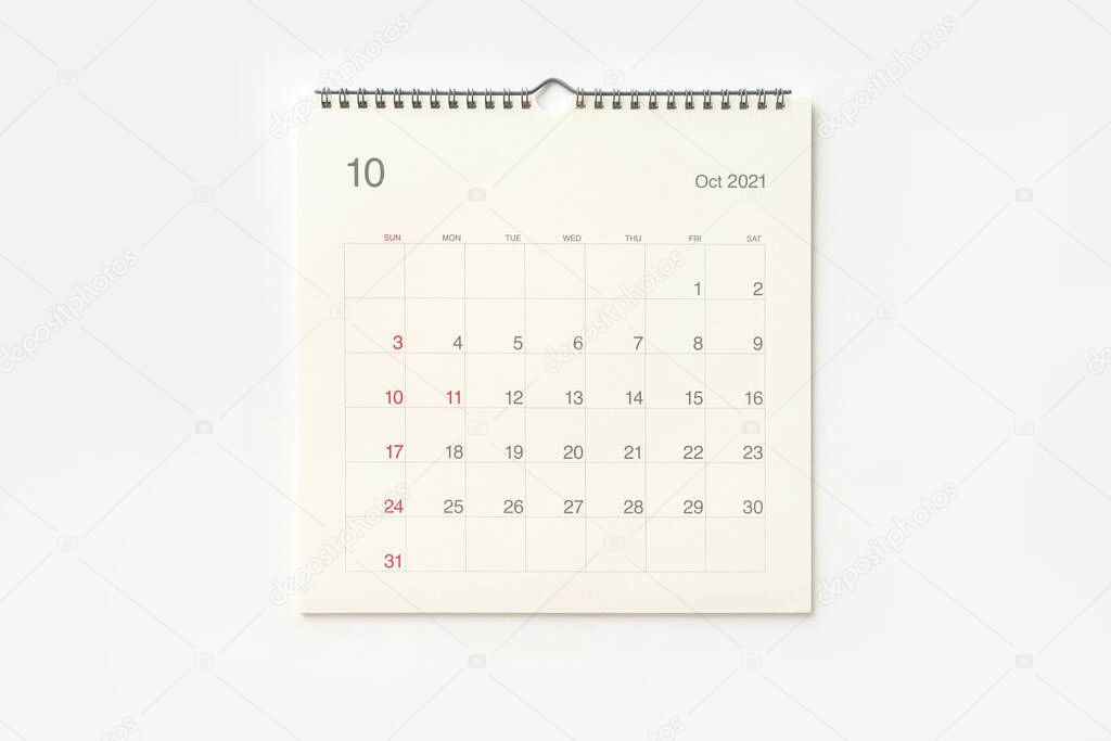 October 2021 calendar page on white background. Calendar background for reminder, business planning, appointment meeting and event.