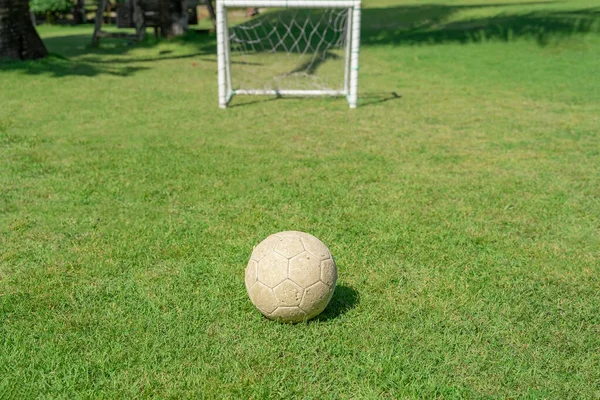 Soccer ball in grass field in front of the goal post. Football ball on green grass of playground.