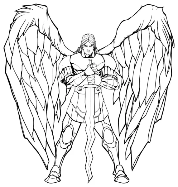 Arcángel Michael Standing Line Art — Vector de stock