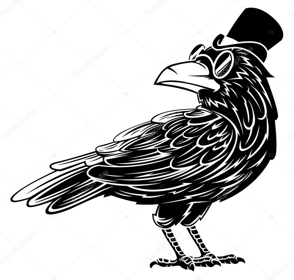 Vintage black raven wearing top hat and glasses is pensively examining surroundings.