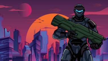 Futuristic Soldier in City Close-up