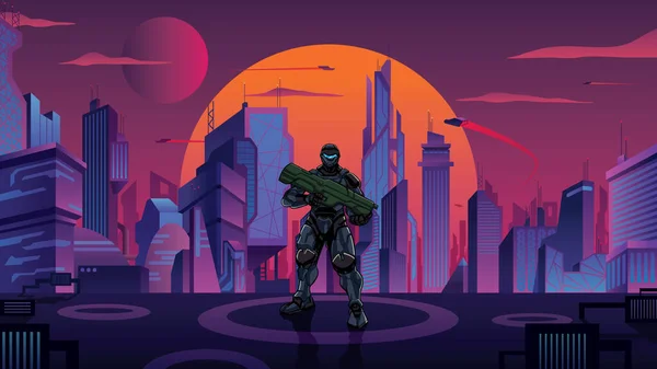 Futuristic Soldier in City — Stockvector