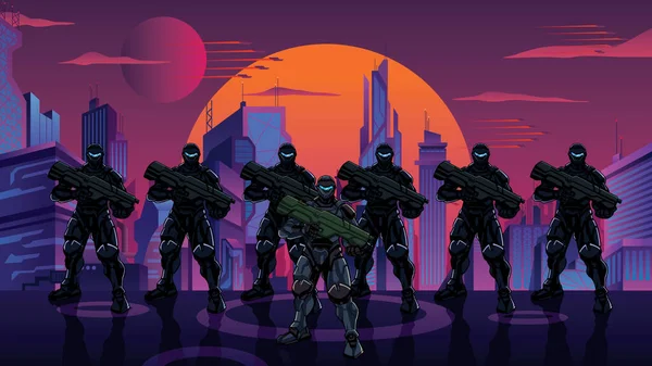 Escuadrón de soldados futuristas en la ciudad — Vector de stock