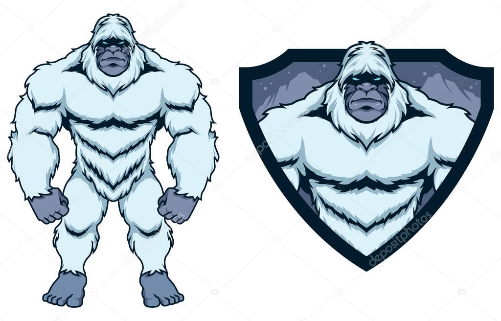 Mascot illustration legendary forest creature Bigfoot on white background.