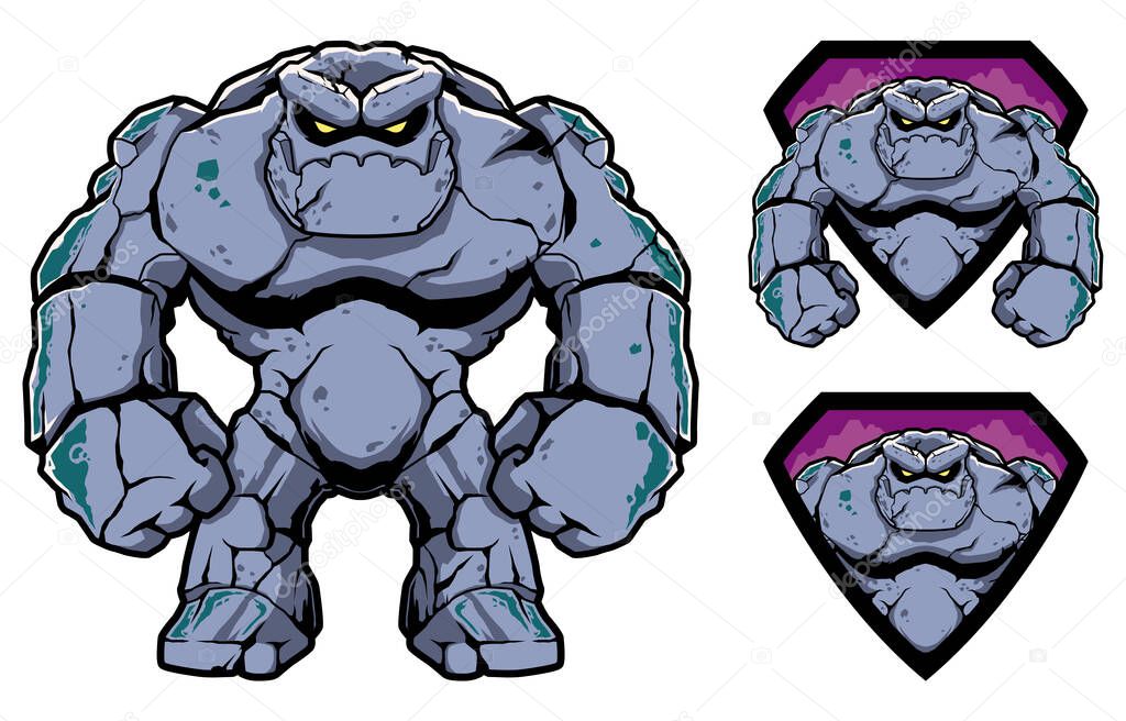 Mascot with fantasy stone giant on white background.