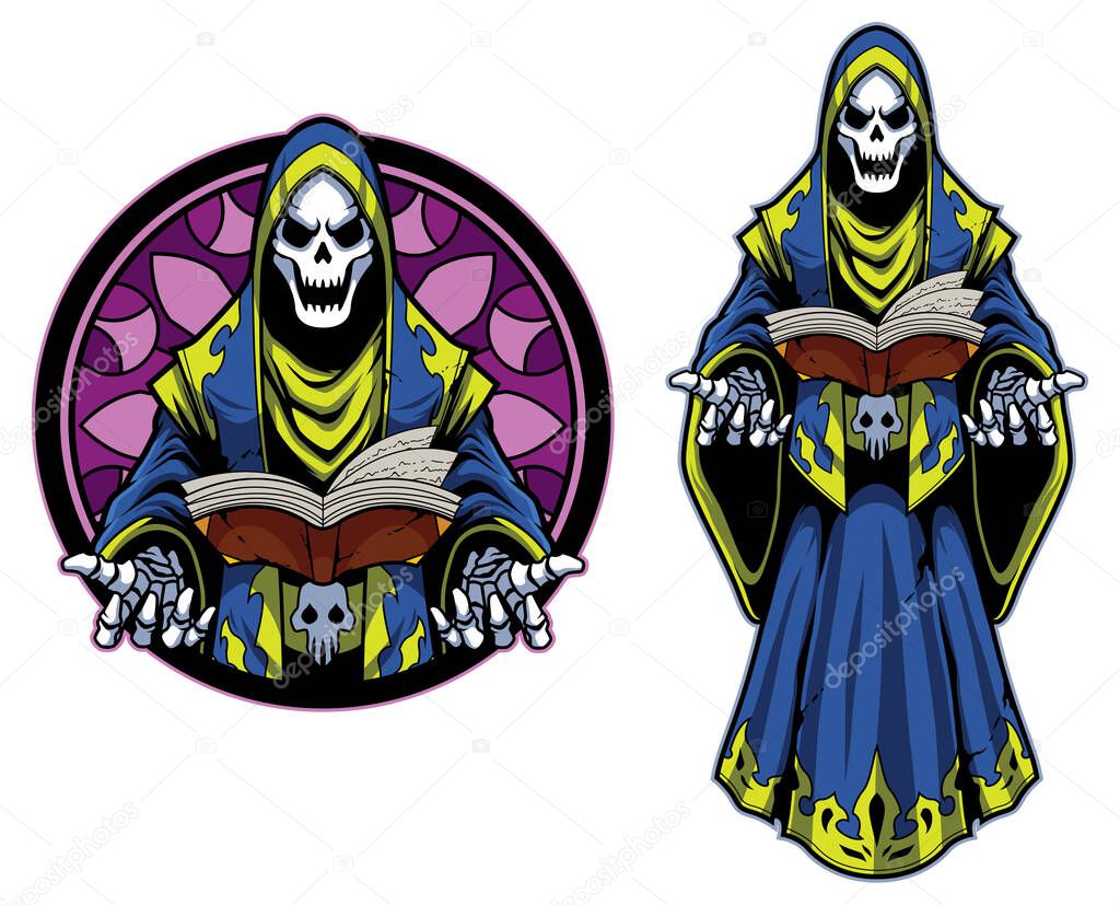 Team mascot with fantasy necromancer character in 2 versions.