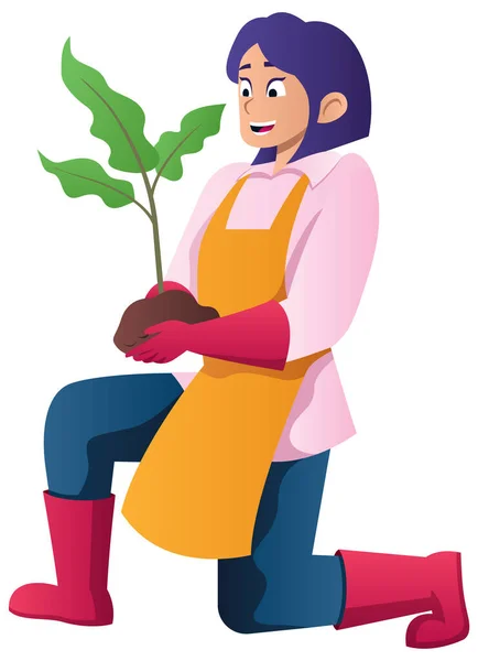 Mujer sosteniendo planta en blanco — Vector de stock