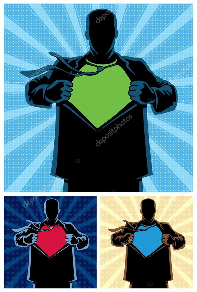Silhouette of superhero under cover with copy space for your logo on his chest. 3 different color versions. No transparency and gradients used.