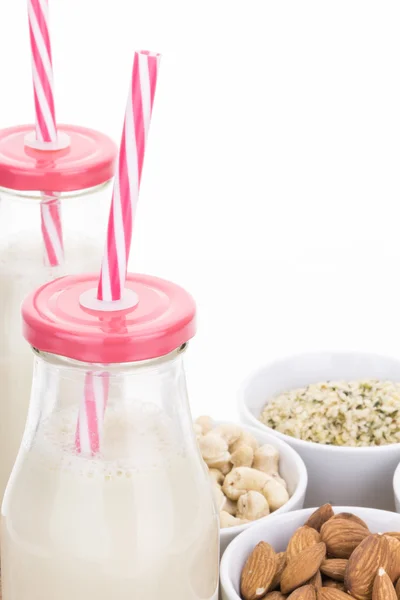Botellas de leche a base de plantas caseras y tazones con ingredientes, sobre fondo blanco con espacio para copiar — Foto de Stock