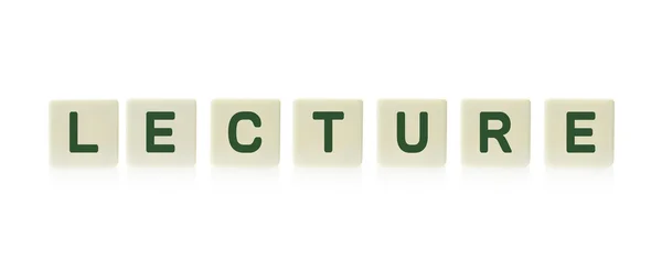 Word "Lecture" on board game square plastic tile pieces, isolated on a white background. — Stock Photo, Image