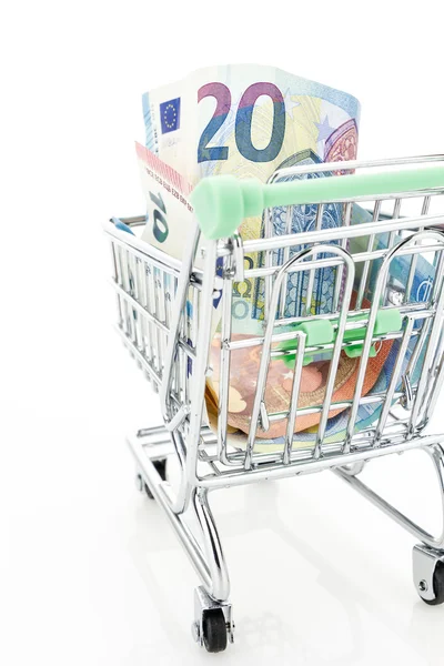 Shopping cart with Euros, isolated on white background — Stock Photo, Image