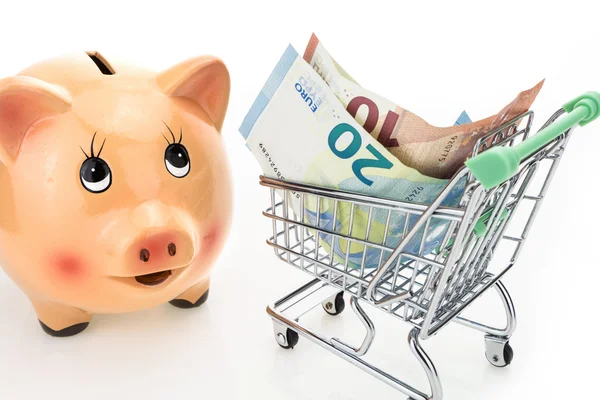 Piggy bank en winkelwagentje met euro's op witte achtergrond — Stockfoto