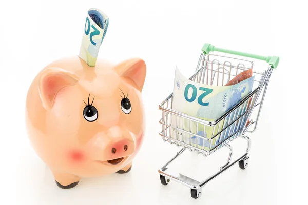 Piggy bank and shopping cart with Euros, on white background — Stock Photo, Image
