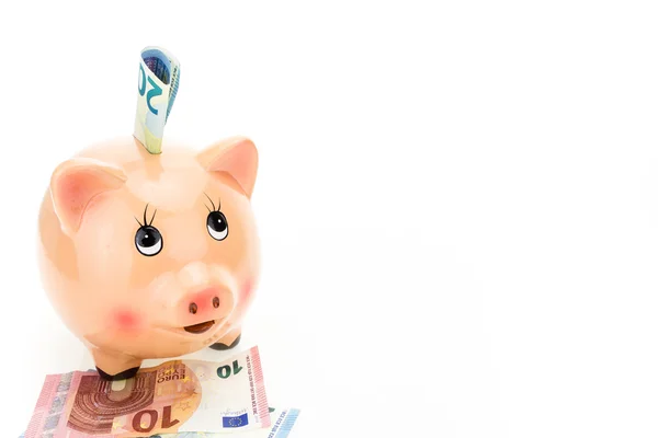 Piggy bank en de Euro-bankbiljetten, op witte achtergrond met kopie-ruimte — Stockfoto