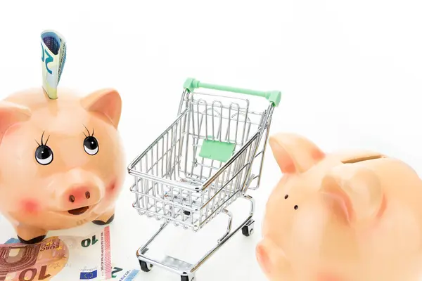 Piggy banken met geld en leeg winkelwagentje, op witte achtergrond — Stockfoto