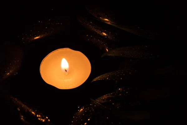 Candela profumata su pietre bagnate nere, fotografia scura — Foto Stock