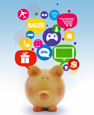 Satılık simgeleri ile Piggy banka kabarcıklar konuşmak