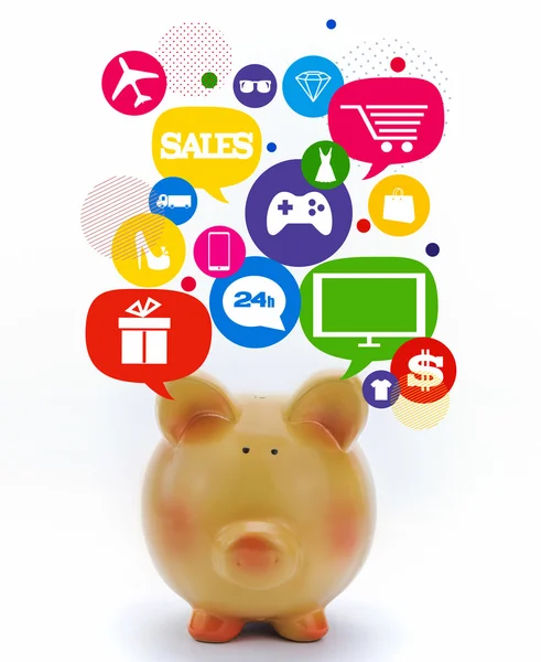 Piggy bank met verkoop pictogrammen in talk bubbels geïsoleerd — Stockfoto